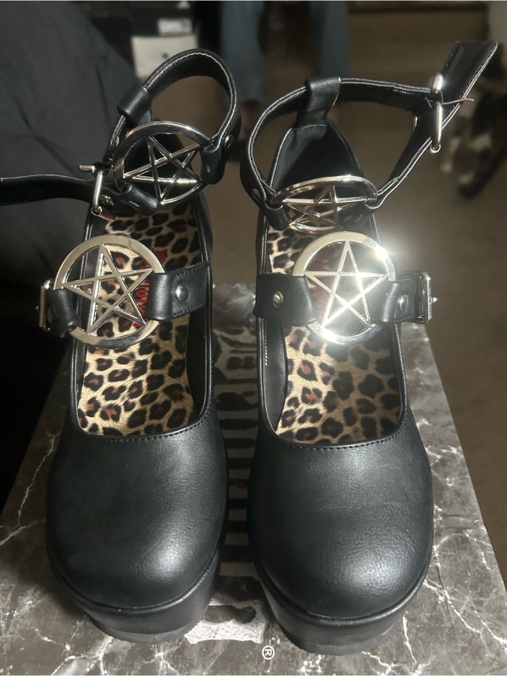 Demonia Black Platform Mary Janes with Silver Pentagram Buckles